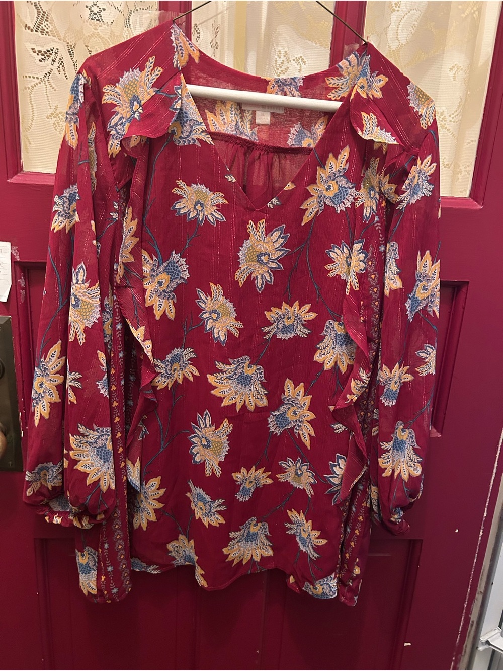 Belle by Kim Gravel Burgundy Floral V-Neck Ruffle Blouse